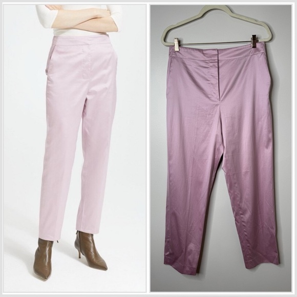 Theory Pink Purple Cotton Chintz Clean High Waisted Tapered Satin Look Pant - Picture 1 of 12